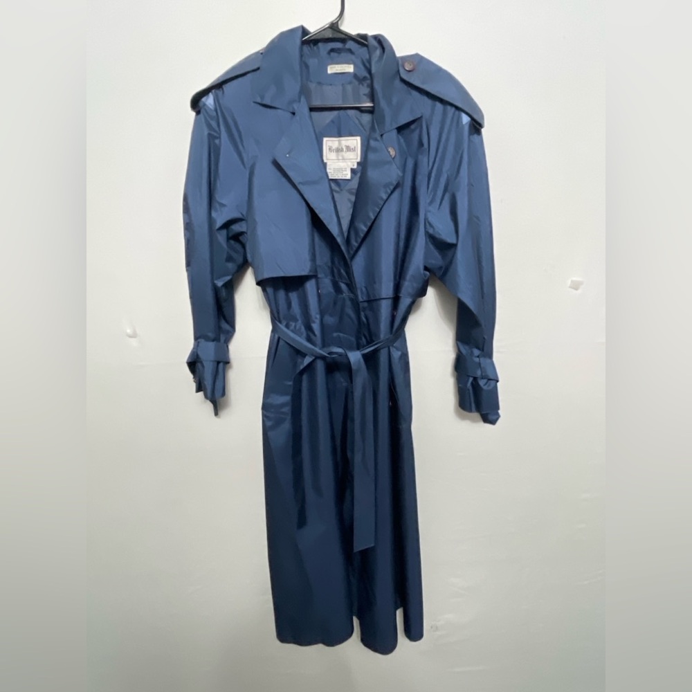 British Size 8 Mist Navy Blue Long Trench Coat Classic Belted Vintage(C3)✨